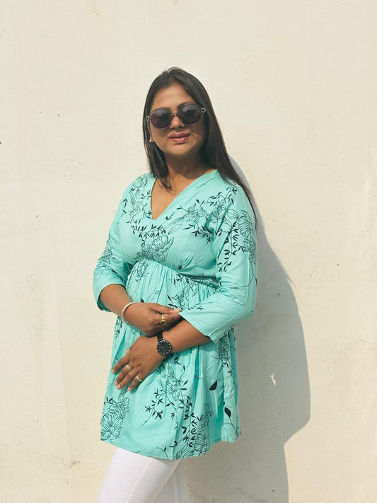 Women’s Aqua Blue Floral Printed V-Neck Short Kurti Top | Casual Daily & Office Wear Tunic