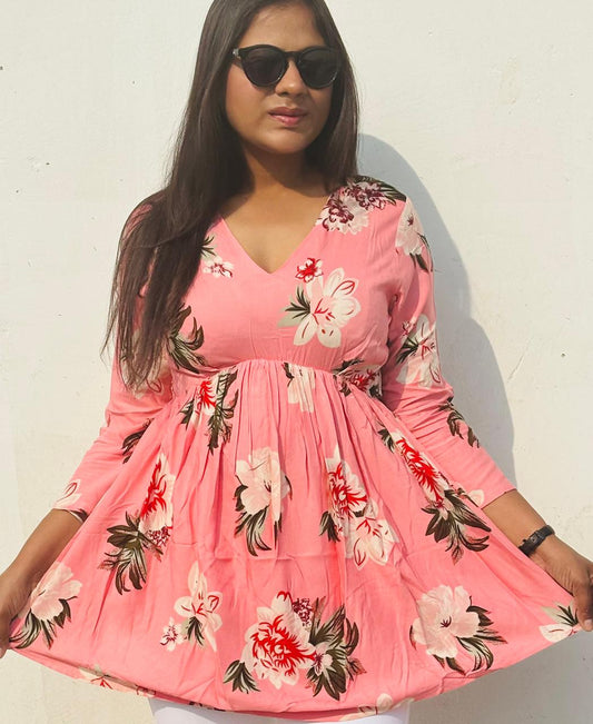 Women’s Peach Floral Printed V-Neck Short Kurti Top | Casual & Office Wear Tunic