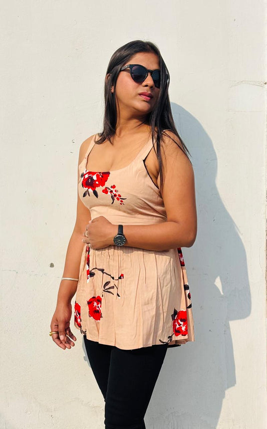 Women’s Beige Floral Sleeveless Peplum Top | Tie-Up Back Casual Summer Tunic