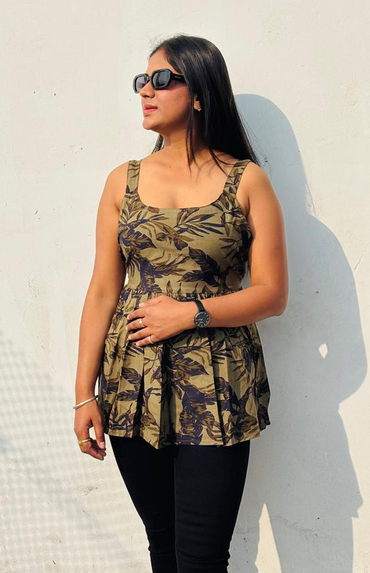 Women’s Olive Green Floral Sleeveless Peplum Top | Tie-Up Back Casual Summer Tunic