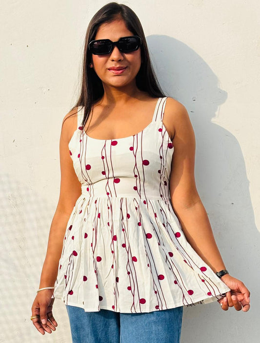 Women’s Cream Polka Print Sleeveless Peplum Top | Tie-Up Back Casual Summer Tunic