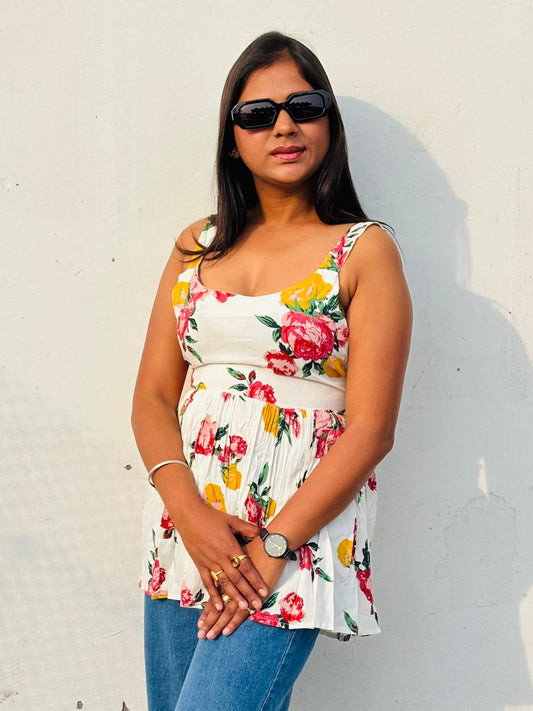 Women’s White Floral Sleeveless Peplum Top | Tie-Up Back Casual Summer Tunic