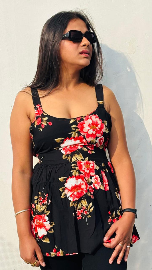 Women’s Black Floral Sleeveless Peplum Top | Tie-Up Back Casual Summer Tunic