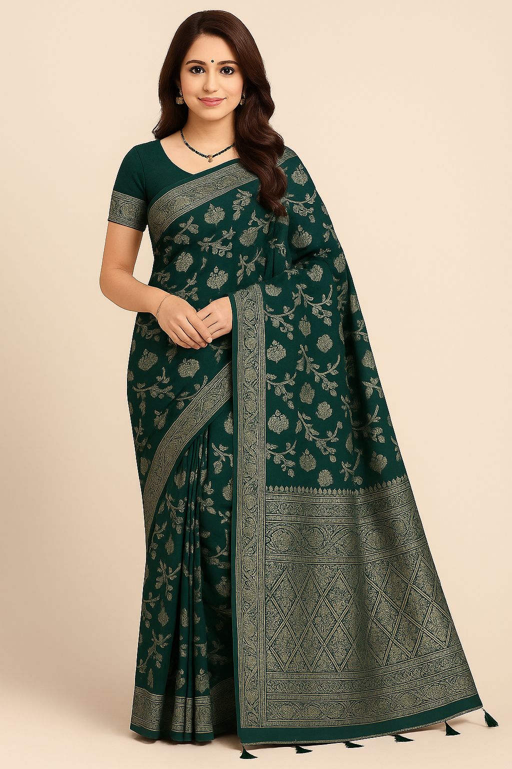 Elegant teal-blue saree with golden zari work, perfect for celebrations.