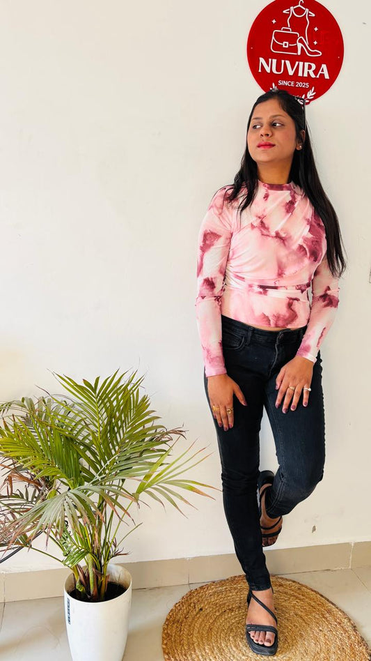 Blush Pink Tie-Dye High Neck Ruched Top with Full Sleeves for Women