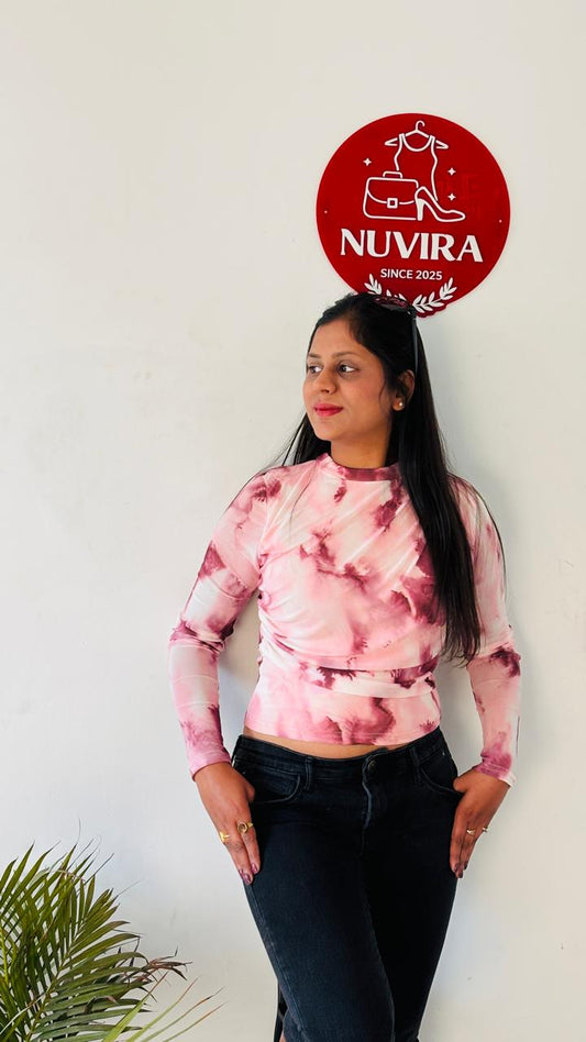 Blush Pink Tie-Dye High Neck Ruched Top with Full Sleeves for Women