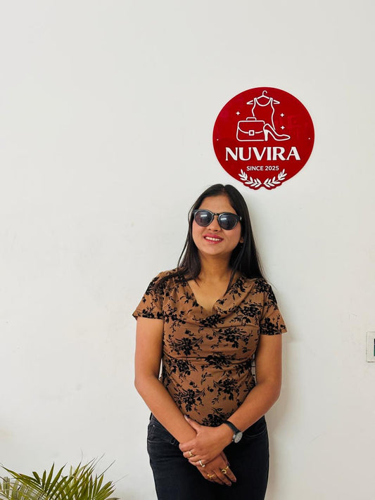 Brown Floral Print Cowl Neck Top with Short Sleeves for Women