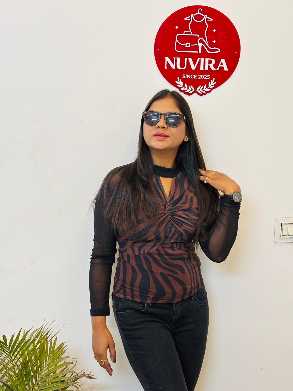 Brown Printed Ruched High Neck Top with Sheer Full Sleeves for Women