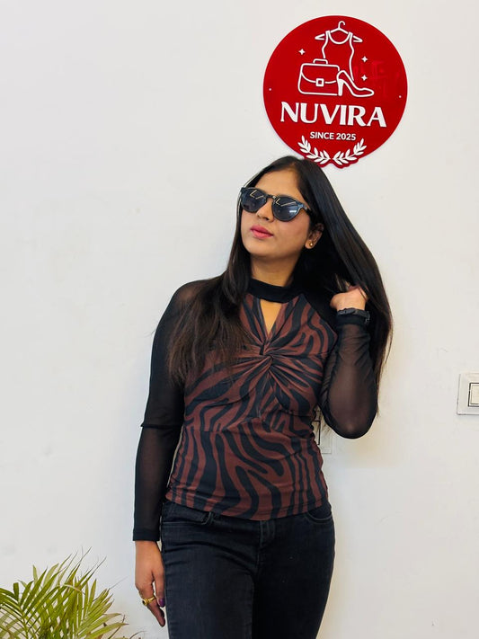 Brown Printed Ruched High Neck Top with Sheer Full Sleeves for Women