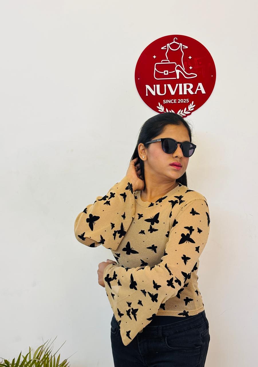 Mustard Yellow Butterfly Print Crop Top with Flared Sleeves for Women