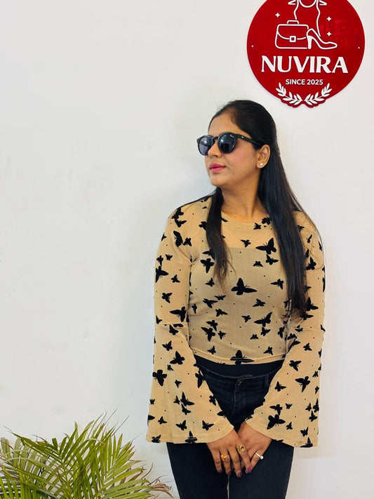 Mustard Yellow Butterfly Print Crop Top with Flared Sleeves for Women