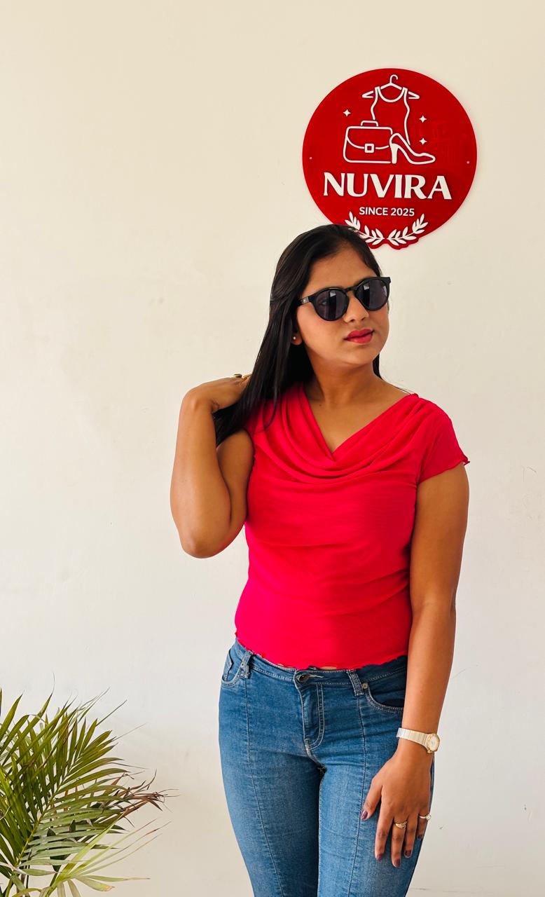 Magenta Cowl Neck Solid Top with Cap Sleeves for Women