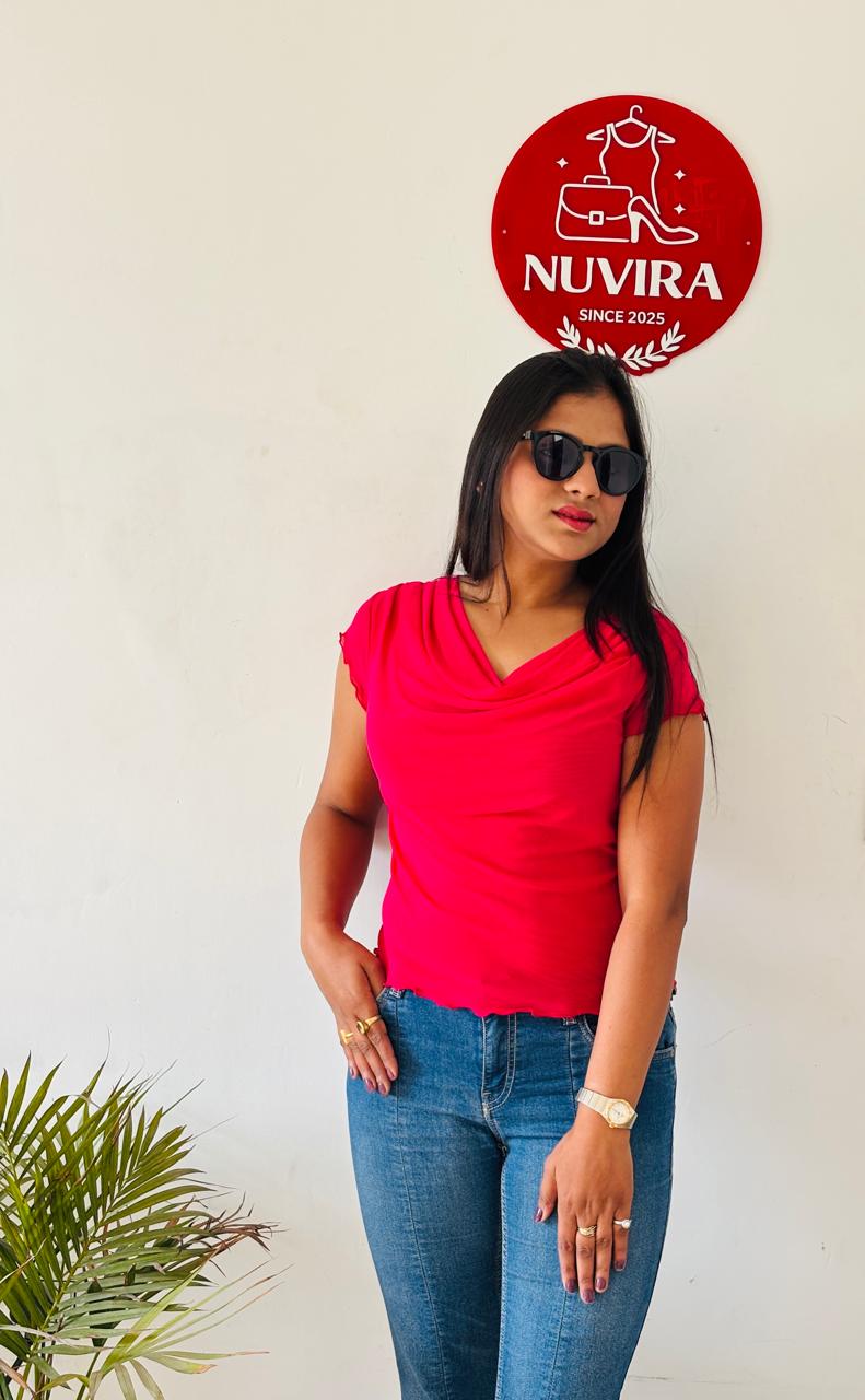 Magenta Cowl Neck Solid Top with Cap Sleeves for Women