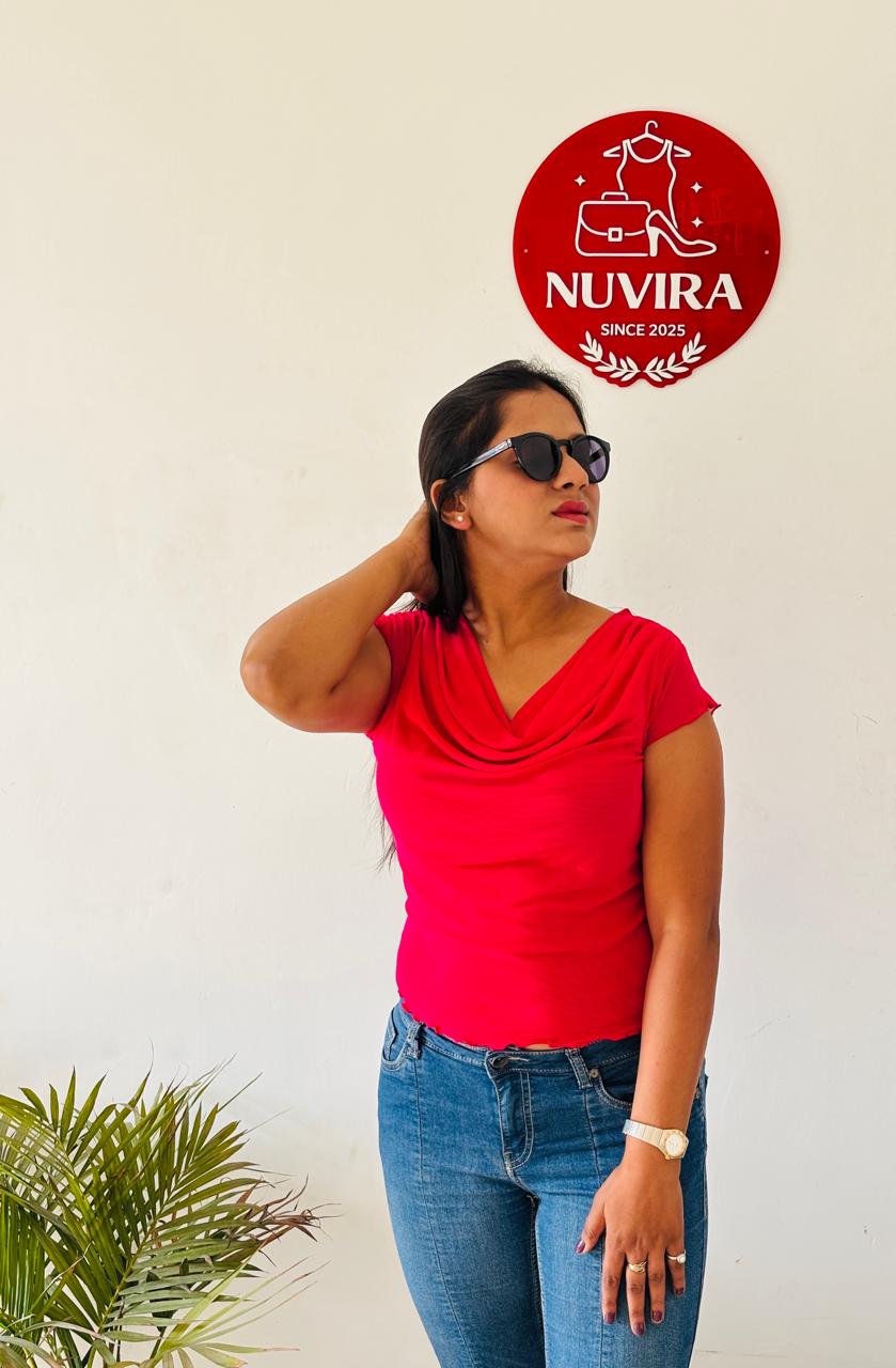 Magenta Cowl Neck Solid Top with Cap Sleeves for Women