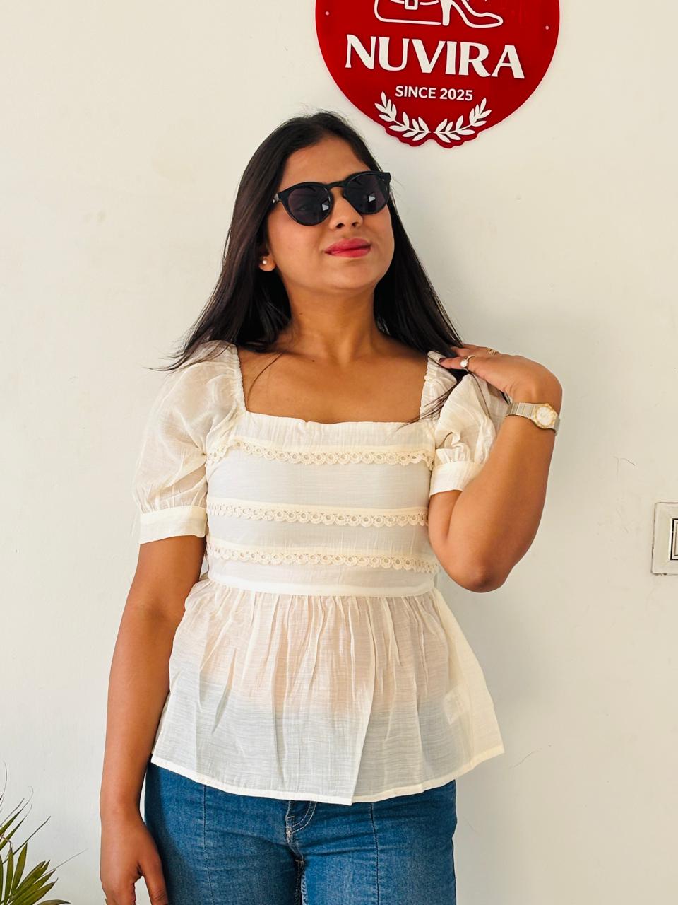 Ivory Square Neck Peplum Top with Puff Sleeves for Women