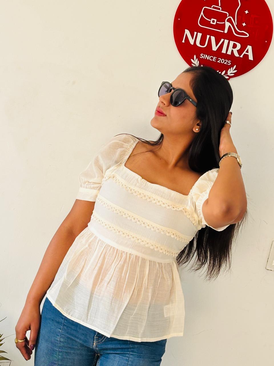 Ivory Square Neck Peplum Top with Puff Sleeves for Women