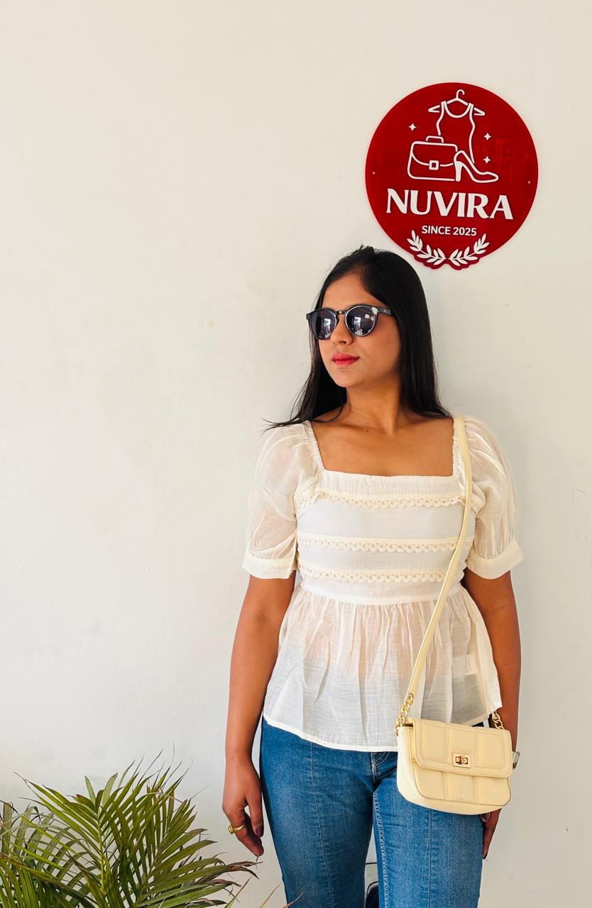 Ivory Square Neck Peplum Top with Puff Sleeves for Women