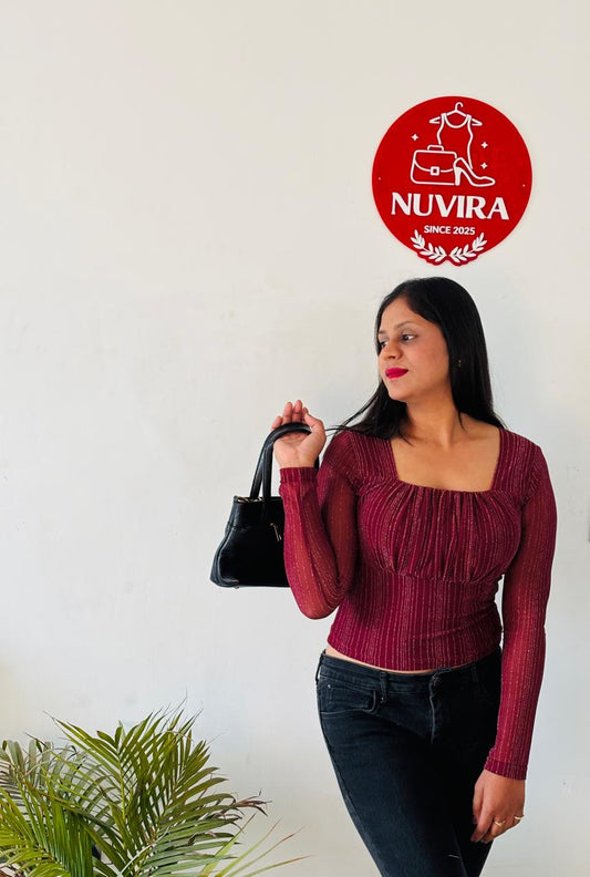 Wine Red Square Neck Gathered Top with Full Sleeves for Women