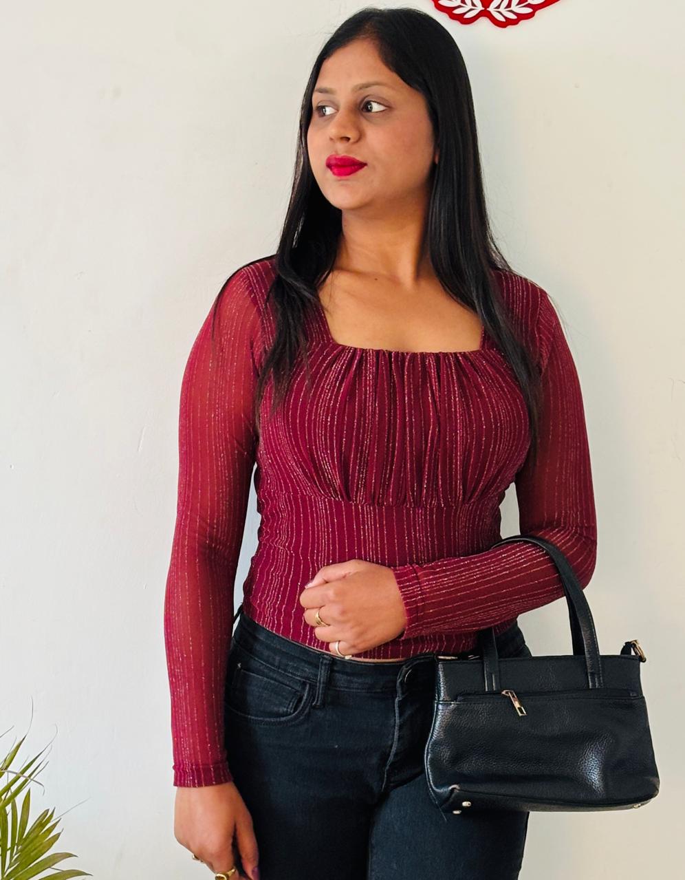 Wine Red Square Neck Gathered Top with Full Sleeves for Women