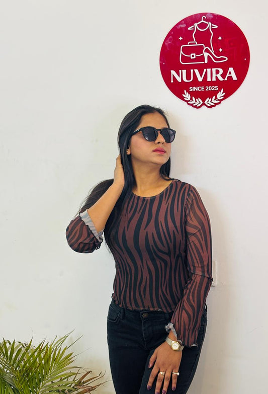 Brown Zebra Print Mesh Top with Scoop Neck & Full Sleeves for Women