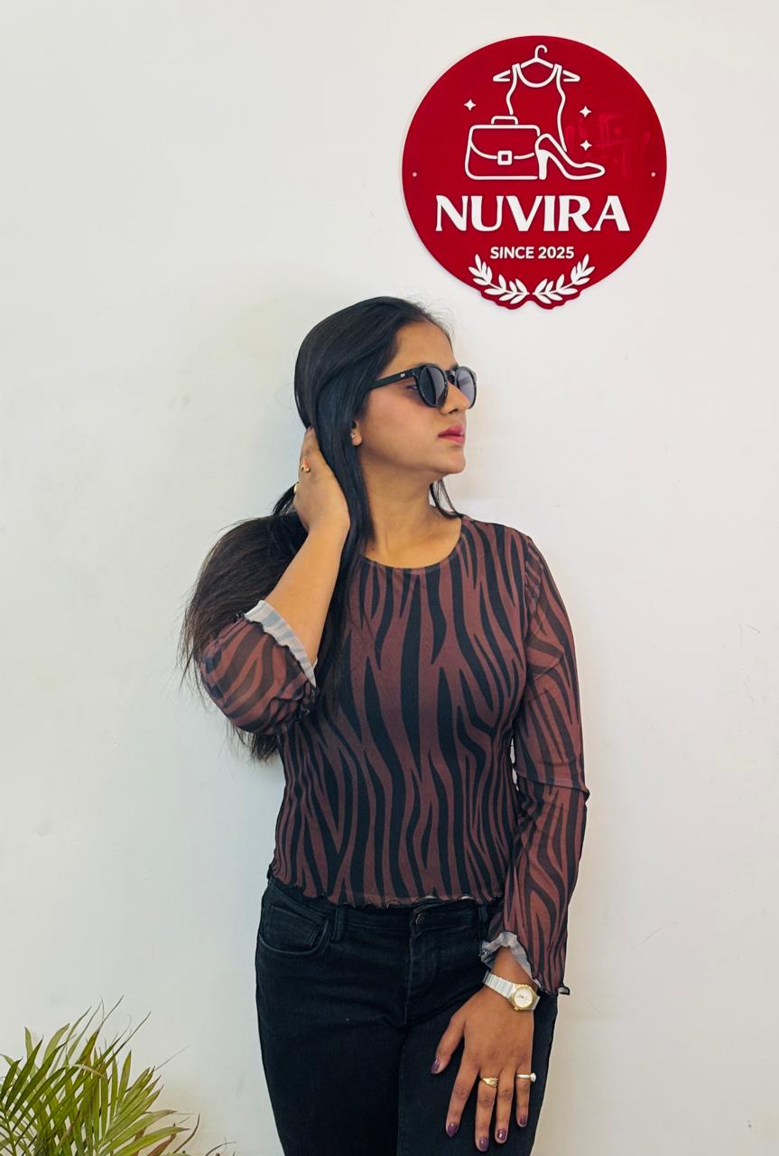 Brown Zebra Print Mesh Top with Scoop Neck & Full Sleeves for Women