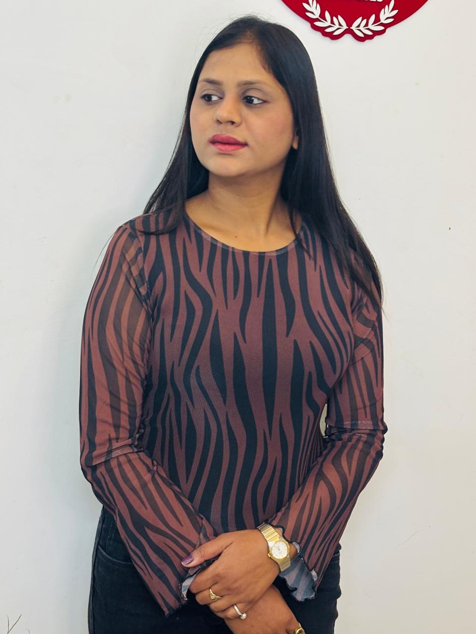 Brown Zebra Print Mesh Top with Scoop Neck & Full Sleeves for Women