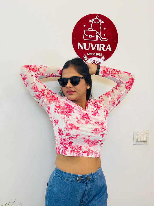 White & Pink Floral Print Cowl Neck Full Sleeve Top for Women