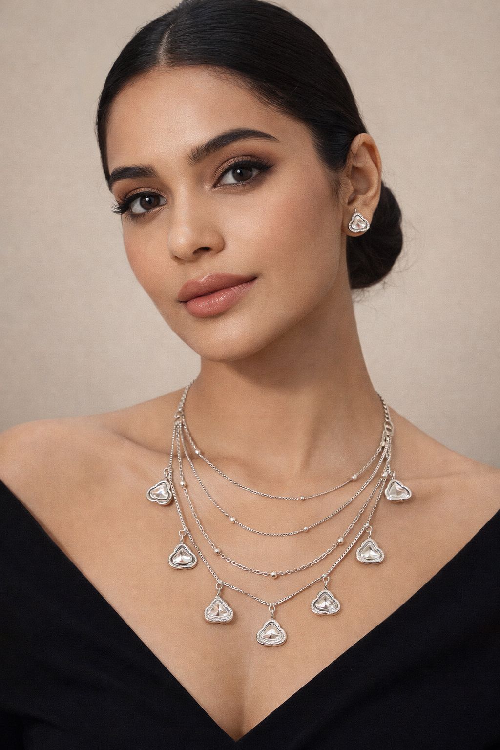 Rose Gold Layered Crystal Pendant Necklace Set for Women | Elegant Party Jewellery