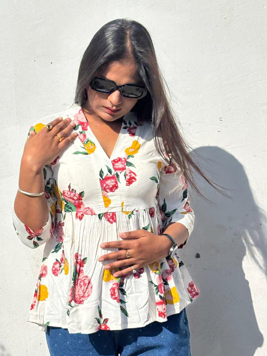 Multicolor Floral Print Peplum Top for Women | Cotton 3/4 Sleeve Casual Summer Tunic with Tie-Up Back