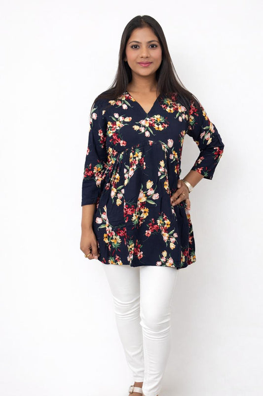 Women’s Navy Blue Floral Printed V-Neck Short Kurti Top | Casual Daily Wear Tunic